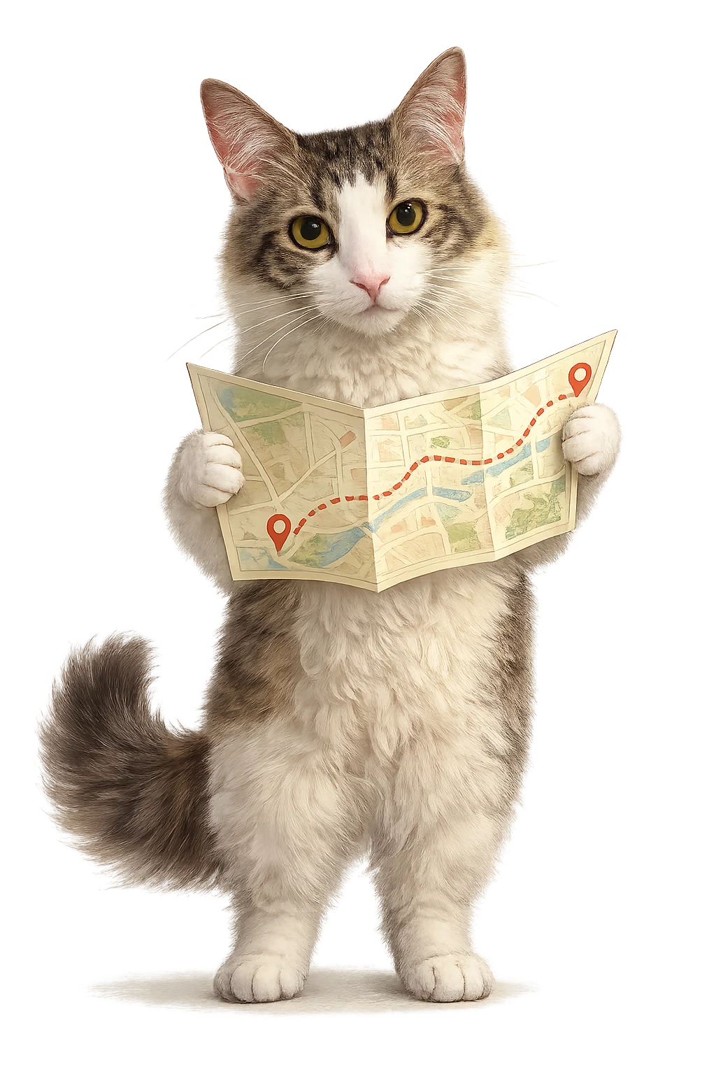 Gato sosteniendo un mapa para acompañar las indicaciones de llegada