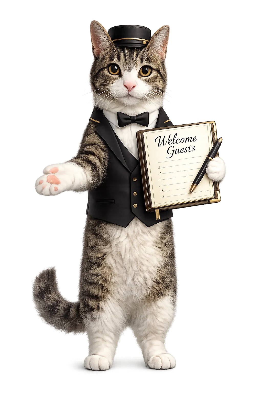 Gato elegante con una libreta de bienvenida para acompañar la confirmación de asistencia