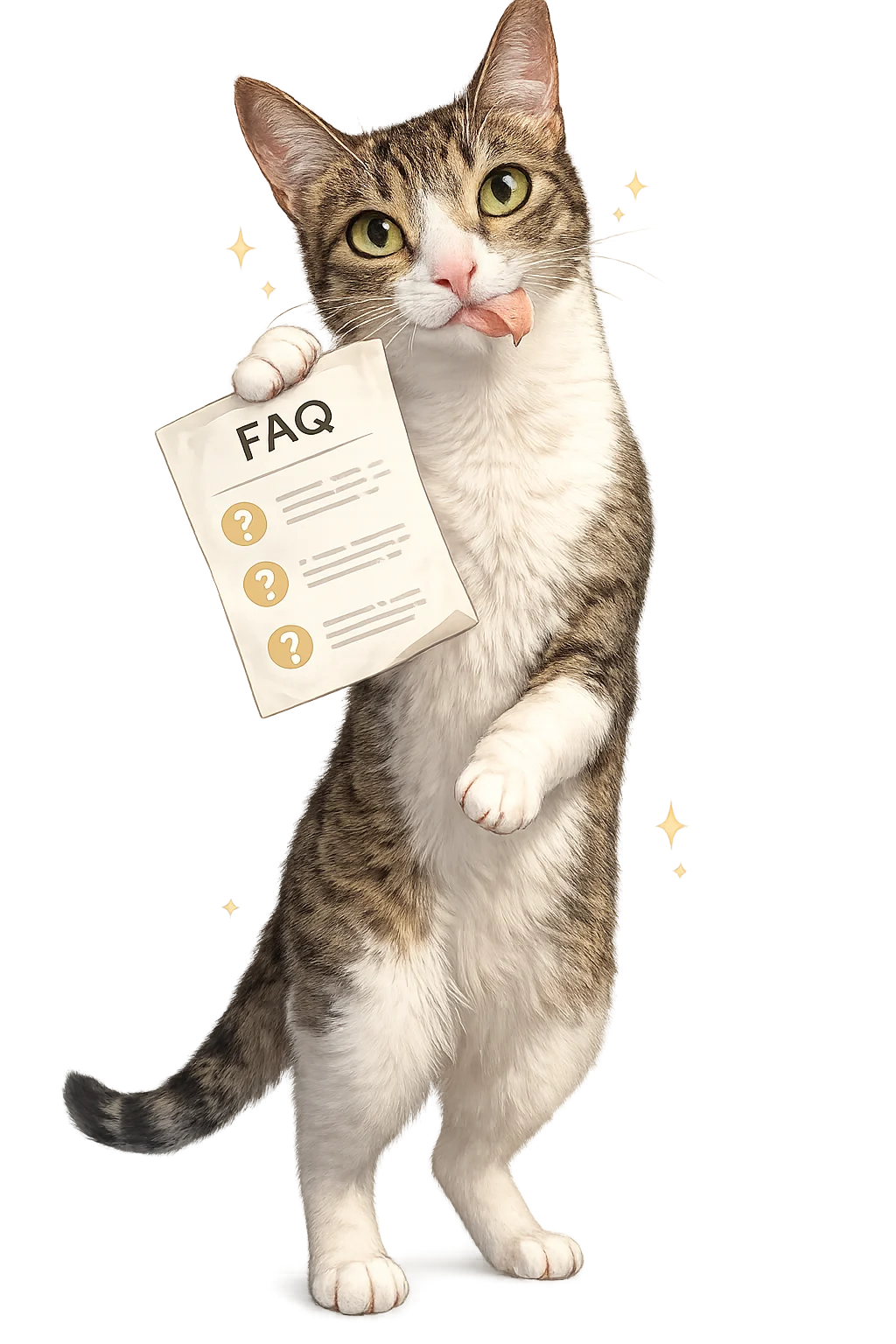Gato sosteniendo una hoja de preguntas frecuentes
