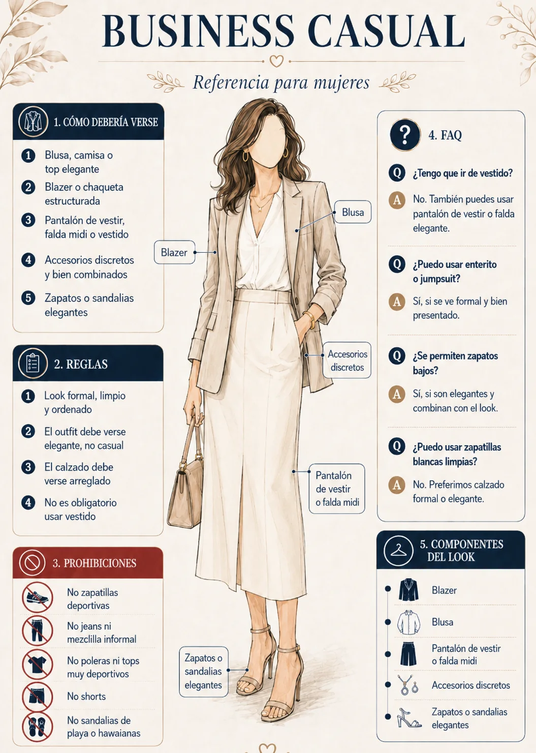 Guía ilustrada de referencia business casual para mujeres
